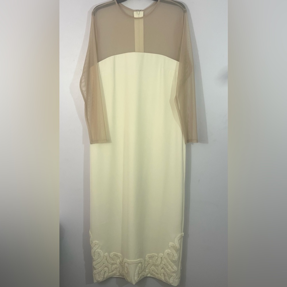 Elizabeth Damrich Pearl Crepe Illusion Mesh Yoke Midi Dress 12 Formal, NWT